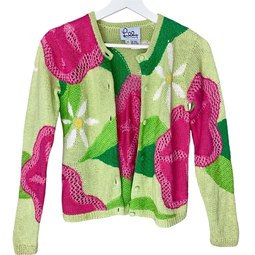LILLY PULITZER Cardigan Sweater Button Up Long Sleeve Green Pink Floral Women S - Picture 2 of 10